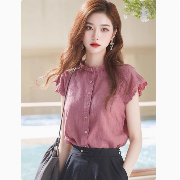 木耳边立领亚麻小飞袖衬衫女设计衬衫