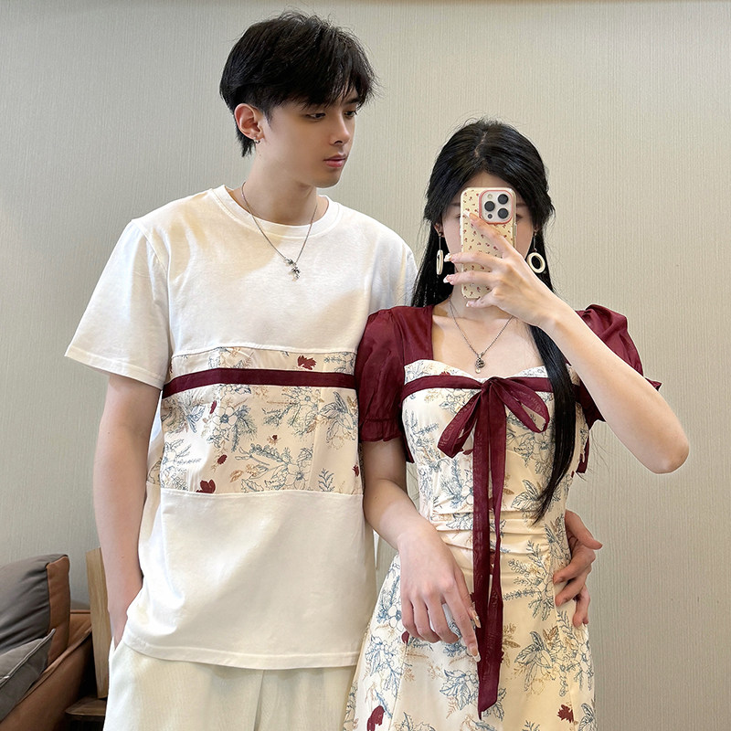 实拍情侣夏季遮肚显瘦新中式碎花连衣裙