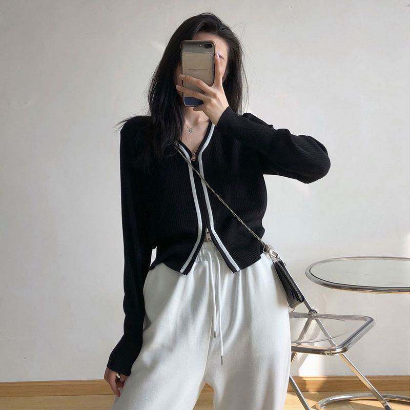 纯棉黑色双拉链针织开衫早春v领修身外套韩版针织衫上衣女短毛衣