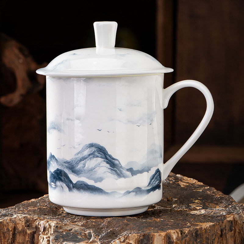 陶瓷茶杯带盖家用骨瓷水杯喝茶杯青花瓷器办公杯子500ml大容量杯
