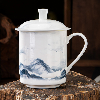 陶瓷茶杯带盖家用骨瓷水杯喝茶杯青花瓷器办公杯子500ml大容量杯