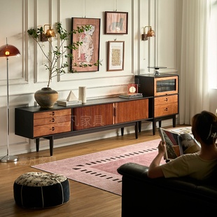 法式复古中古风时慢电视柜黑色实木小户型客厅家用白蜡木电视机柜