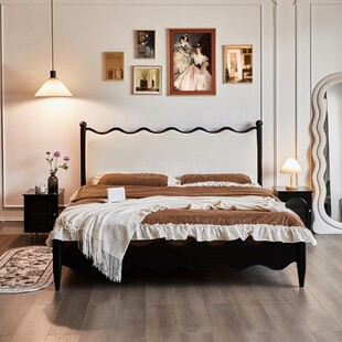 法式复古实木床1.8m黑色涟漪床1.5m中古风双人白蜡木主卧室大床