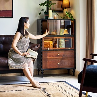 法式中古风家用展示柜酒柜手办陈列柜玻璃柜复古实木电视边柜痛柜