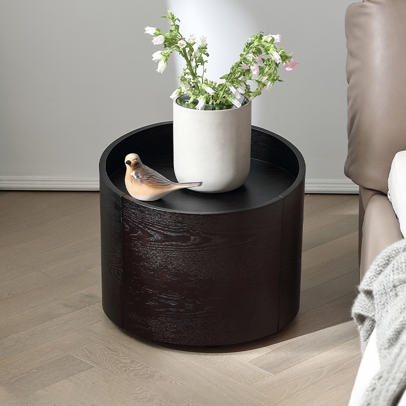 SRKYQ-M664意式极简圆形床头柜卧室落地烟熏色床边柜抽屉柜黑色复