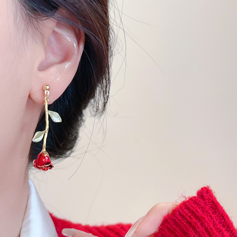 复古港风花朵耳环小众红色