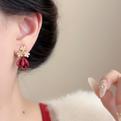 「花嫁」蝴蝶结花朵耳夹女无耳洞耳饰轻奢秋冬红色轻奢高级感耳环