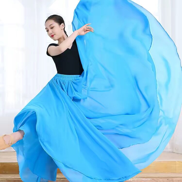 双层雪纺大摆广场舞半身裙蓝色女