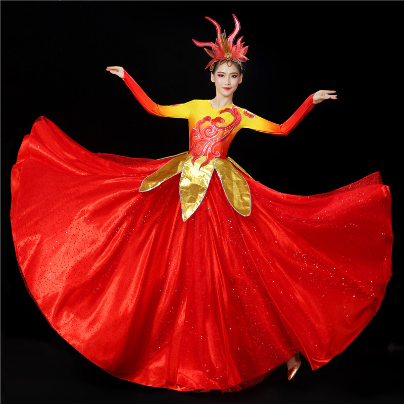 新款开场舞大摆裙现代大型歌伴舞大红色舞蹈服演出服表演服女长裙
