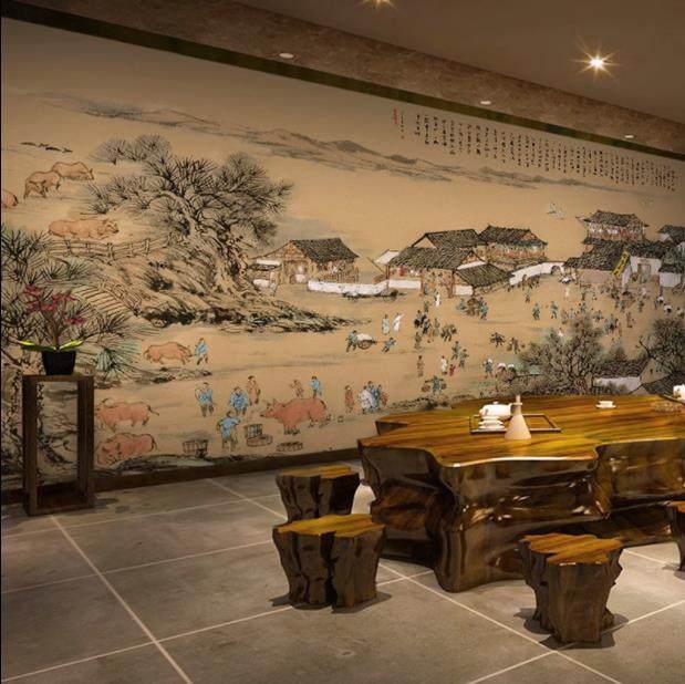 3古代建筑火墙酒纸crt店餐厅壁纸清明上河图店壁画锅饭装修背景墙