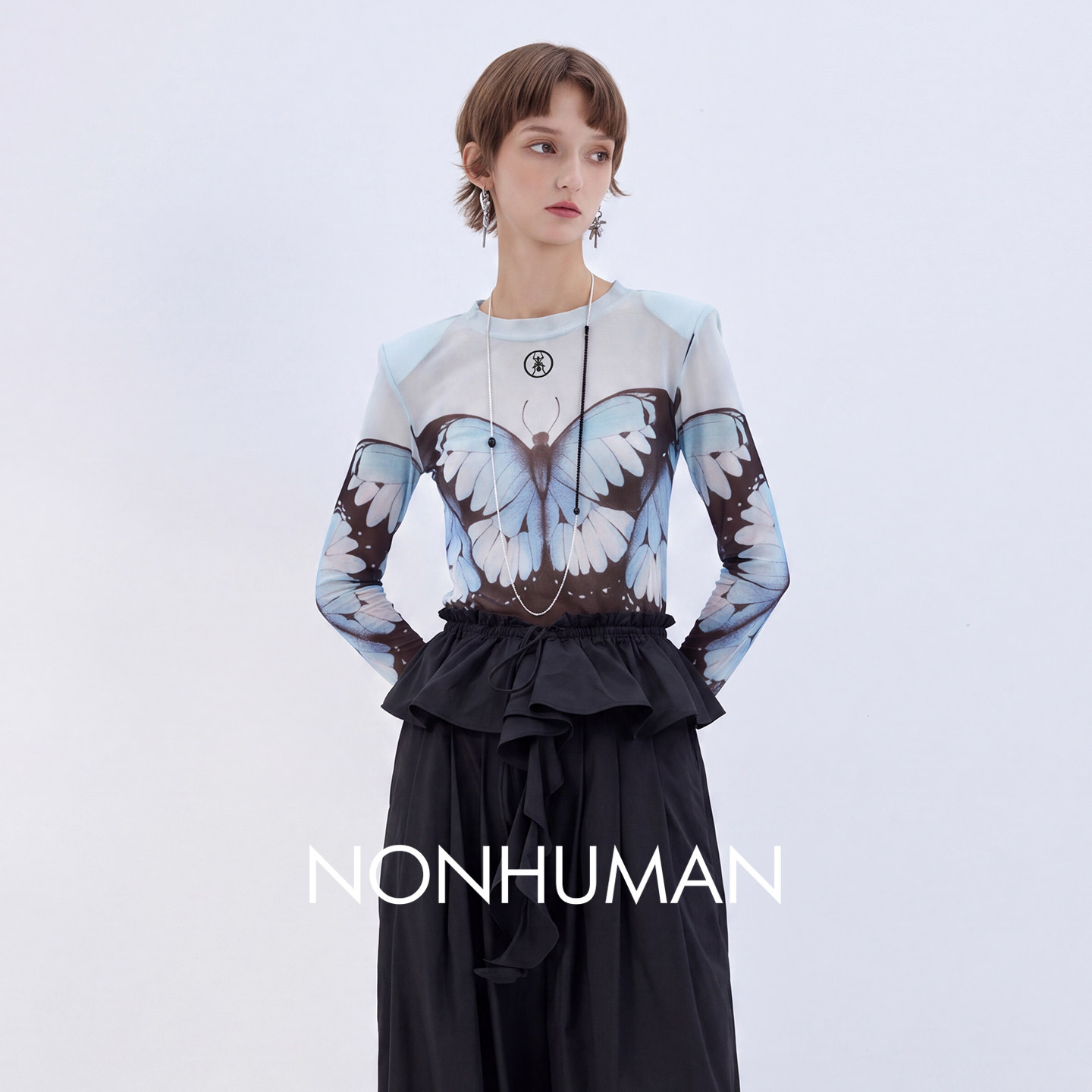 NONHUMAN蓝闪蝶水墨晕染长袖皮肤衣女垫肩微透高弹亲肤网纱透气