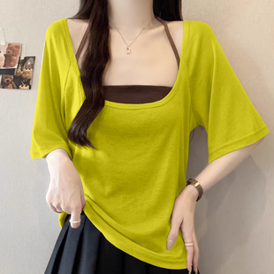 慵懒风拼色u领正肩短袖 胖mm挂脖吊带叠穿上衣假两件 T恤女2026夏季