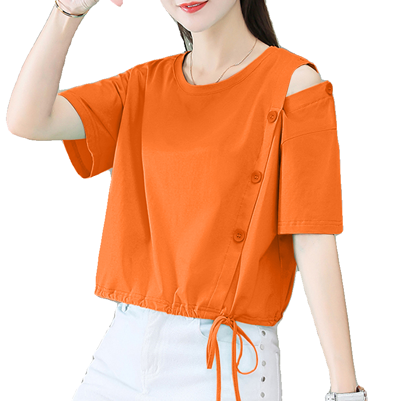 纯棉短款宽松t恤女简约纯色新款T恤