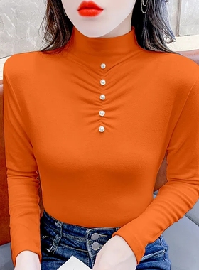 半高领橙色打底衫女秋冬款钉珠褶皱设计修身百搭短款加绒长袖T恤