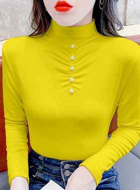 半高领橙色打底衫女秋冬款钉珠褶皱设计修身百搭短款加绒长袖T恤