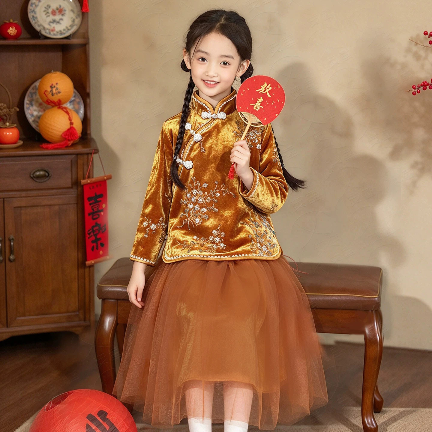 女童改良旗袍套装新中式立领金丝绒新年古风唐装儿童古装2026新款