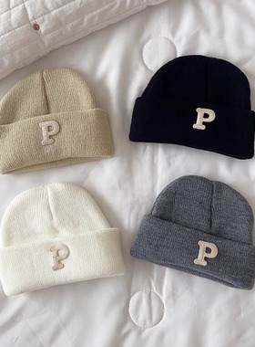 ins韩版简约字母P标婴儿针织毛线套头帽秋冬小宝宝帽子保暖瓜皮帽