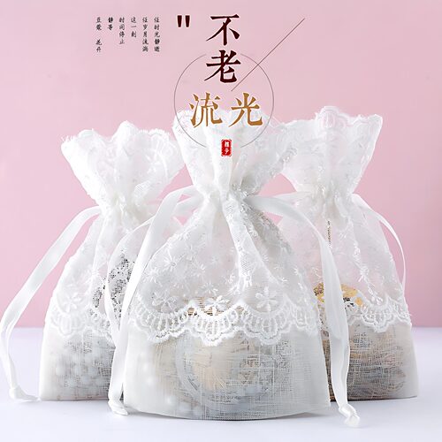 新款束口袋白色繁星花边抽绳纱袋