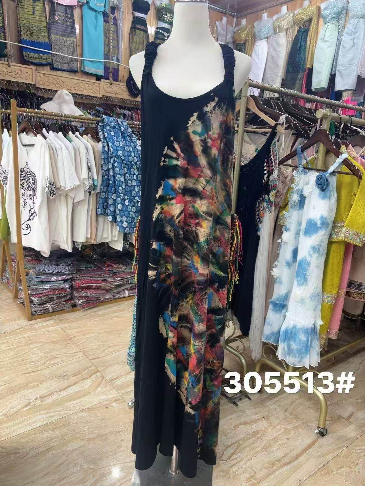 泰国原版有机棉扎染背带裙口袋流苏款时尚潮流靓裙