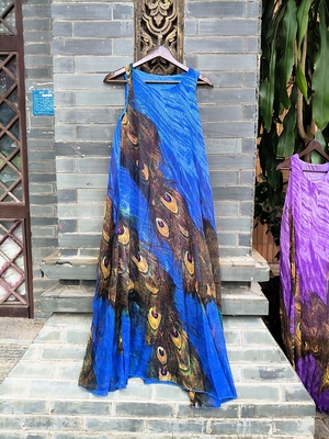 清仓无袖孔雀印花裙舞台走秀旅游拍照连衣裙高个苗条女士必选