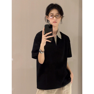 上衣 老钱风千鸟格拼接领短袖 polo衫 男女短款 宽松休闲百搭松弛半袖