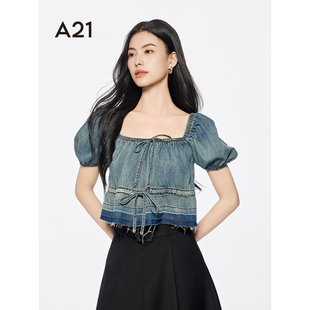 浅中蓝方领牛仔衬衫 新款 A21女装 2025夏季 上衣 韩版 抽绳蝴蝶结小衫