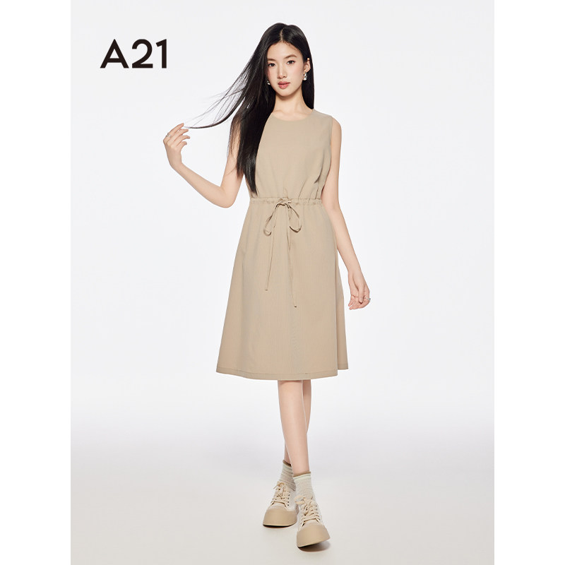 A21女装圆领抽绳收腰裙2025夏季新款慵懒风连衣裙无袖中长款A字裙