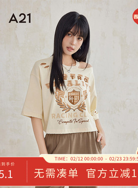 A21美式短款短袖T恤女夏季新款破洞印花设计感打底衫