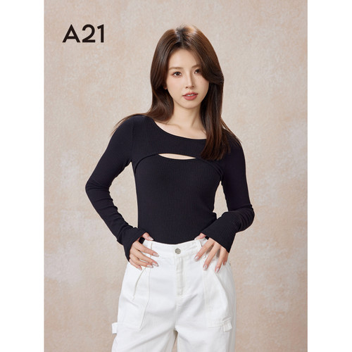 A21女装针织修身圆领长袖T恤