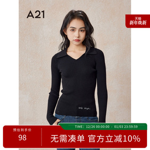 修身 显瘦打底衫 翻领套头长袖 V领黑色修身 简约休闲上衣 线衫 A21女装