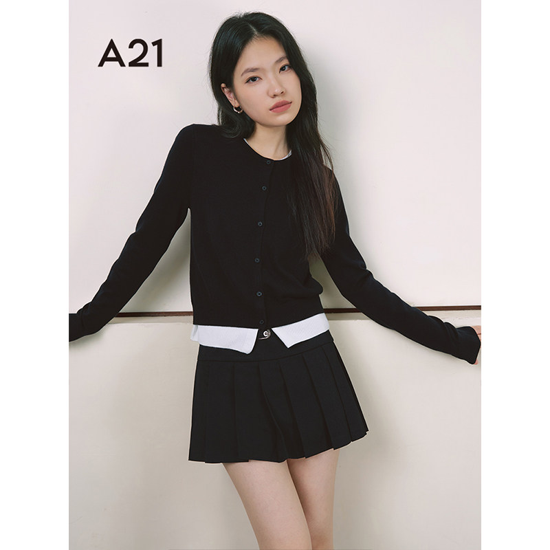 A21女装拼接撞色假两件毛针织衫春秋新款韩版圆领长袖开衫上衣