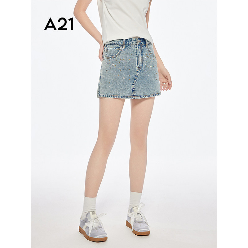A21女装天蓝色高腰直筒短牛仔裤图片