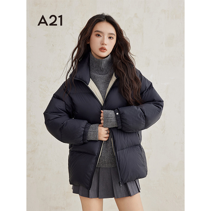 A21女装薄款羽绒服冬季新款韩版中长款立领宽松百搭保暖鸭绒外套