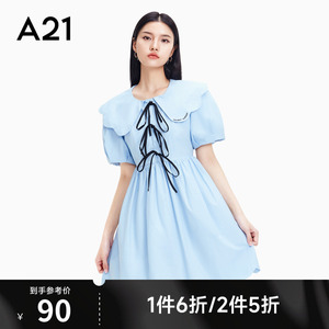 A21女装甜美娃娃领连衣裙夏季新款泡泡袖设计感显瘦复古裙