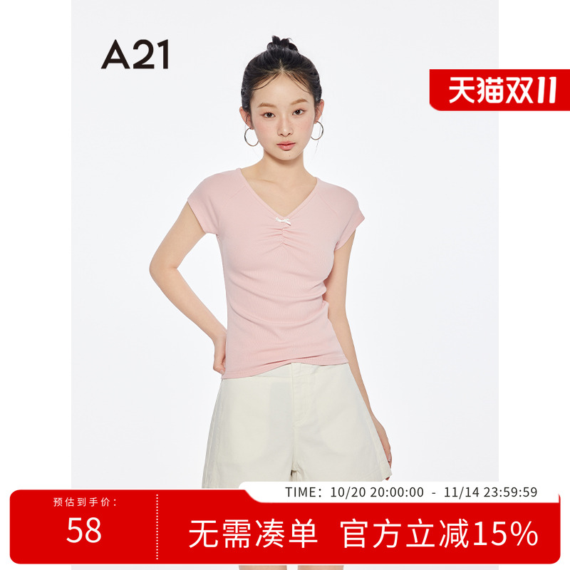 A21女装V领蝴蝶结短款T恤2025夏季新款简约修身短袖套头微弹上衣