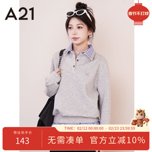 A21女装拼接双层领假两件卫衣秋新款简约韩版设计感长袖格子上衣