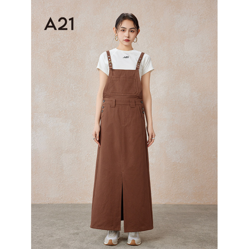A21女装方领无袖连身背带连衣裙图片