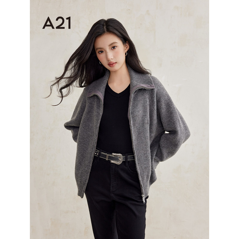 A21女装拉链立领厚款毛针织衫图片