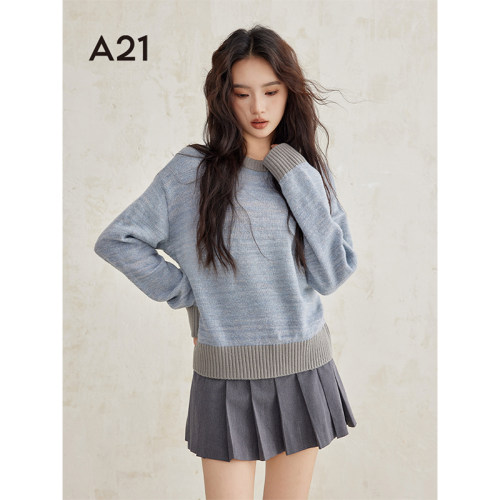 A21女装套头圆领羊毛毛针织衫