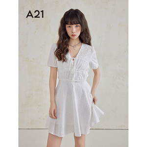 A21女装短袖梭织连衣裙女生夏季白色网纱设计感裙子