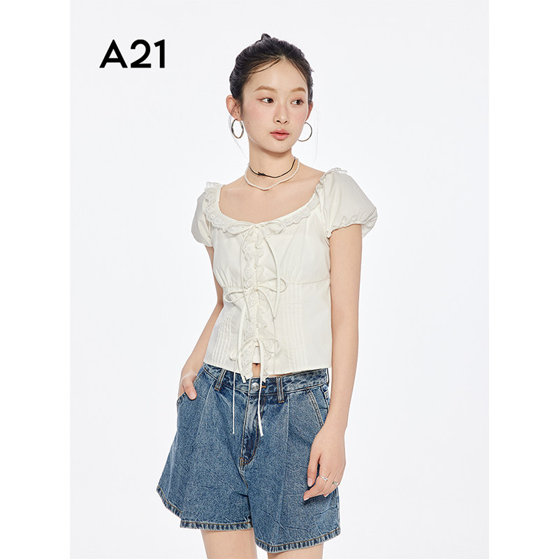 A21女装拼接花边两件套短袖衬衫夏新款设计感系带蝴蝶结开衫上衣