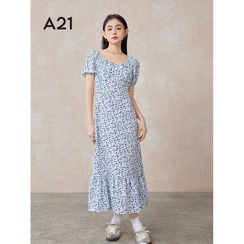 A21女装方领泡泡短袖A摆连衣裙