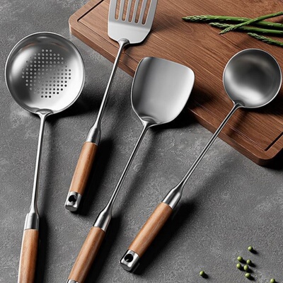 高颜值花梨木不锈钢锅铲炒菜勺家用炒菜勺子长柄烹饪勺铲木柄