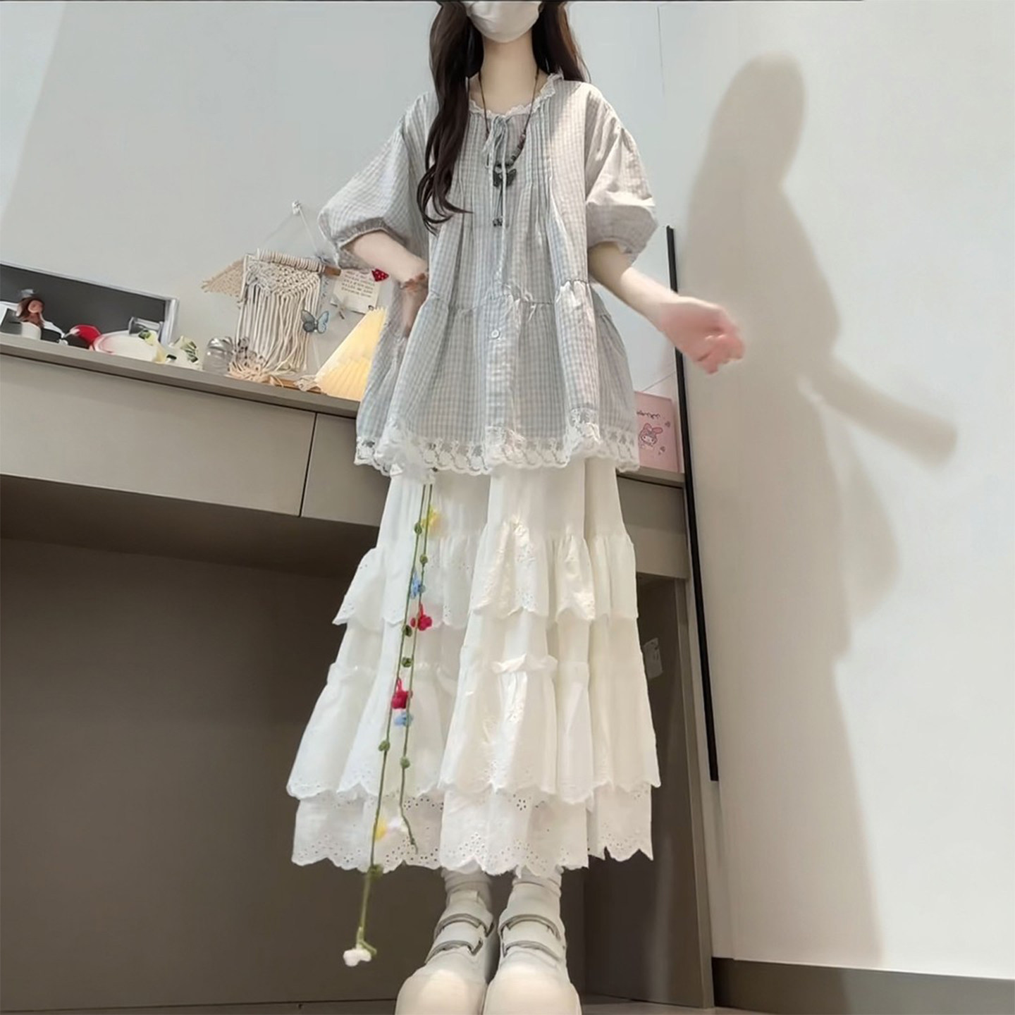 蕾丝花边格子娃娃衫蛋糕半身裙
