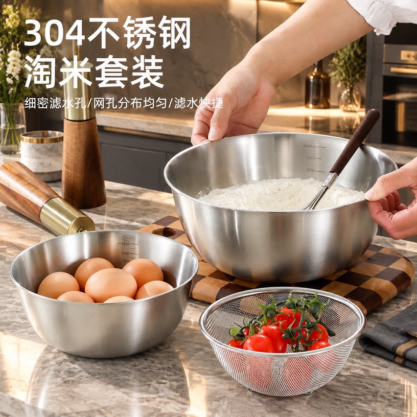 美萍莱304不锈钢盆洗菜盆沥水篮打蛋和面盆子家用厨房新款淘米滤