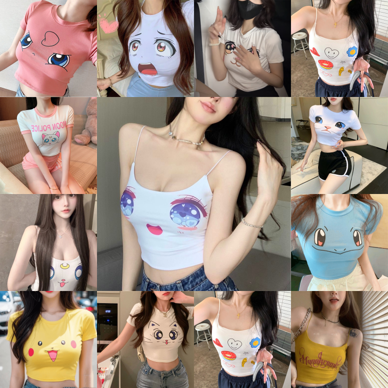 纯欲风性感显胸大眼睛紧身显瘦正肩短袖T恤女辣妹设计皮卡丘衣服