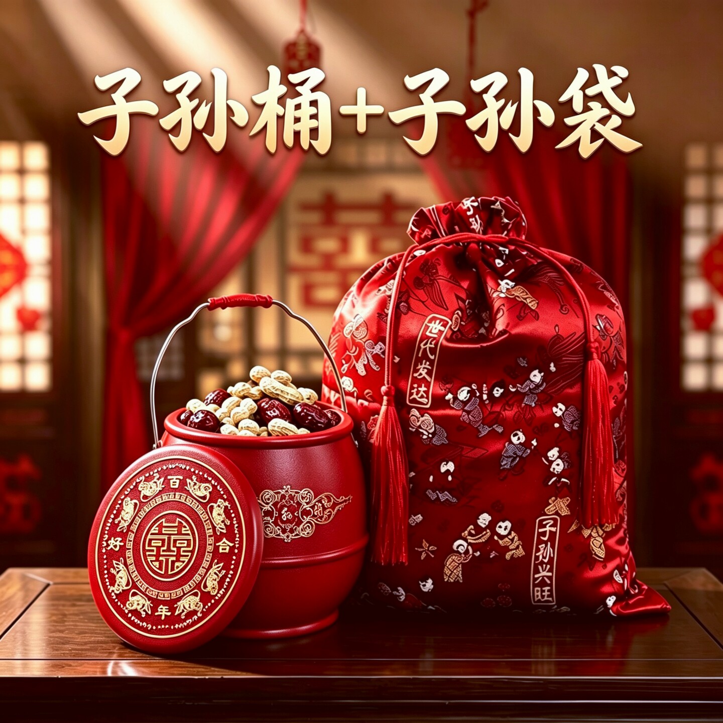 结婚陪嫁子孙袋百子图子孙兴旺代代相传新娘嫁妆装子孙桶手拿袋图片