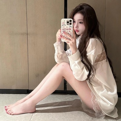 男友风衬衫性感睡衣女春夏冰丝绸纯欲薄款睡裙女款宽松家居服套装