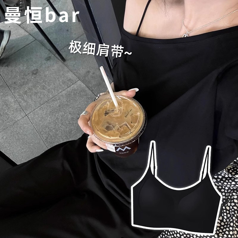 斜肩上衣内搭黑色美背内衣细肩带可外露大胸显小胸聚拢吊带文胸薄