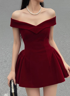 Christmas Red Princess Dress 一字肩蝴蝶结圣诞红色公主连衣裙